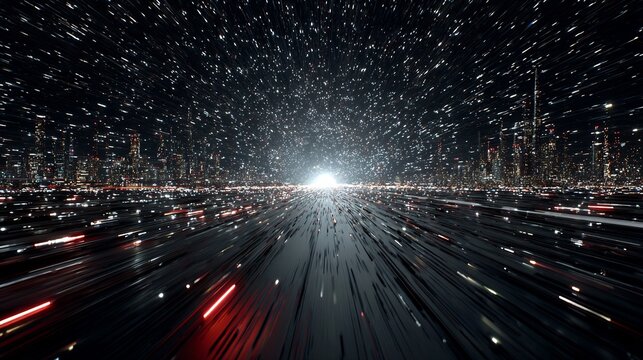 Futuristic cityscape with motion blur lights and stars creating dynamic perspective