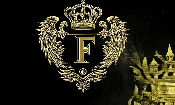 Gold emblem with a crown and wings encircling the letter F