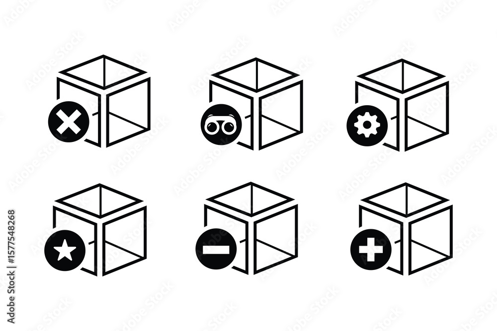 Poster 3d cube interface icons set – add, remove, settings, view, favorite, and cancel symbols in minimal l