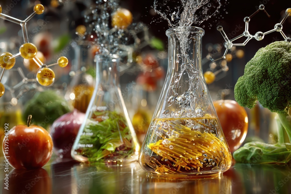 Poster exploring the intersection of science and food with colorful ingredients and beakers
