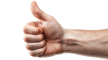 Detail shot of human thumbs up gesture with fine texture that can provide visual support for human interaction and digital content on transparent background