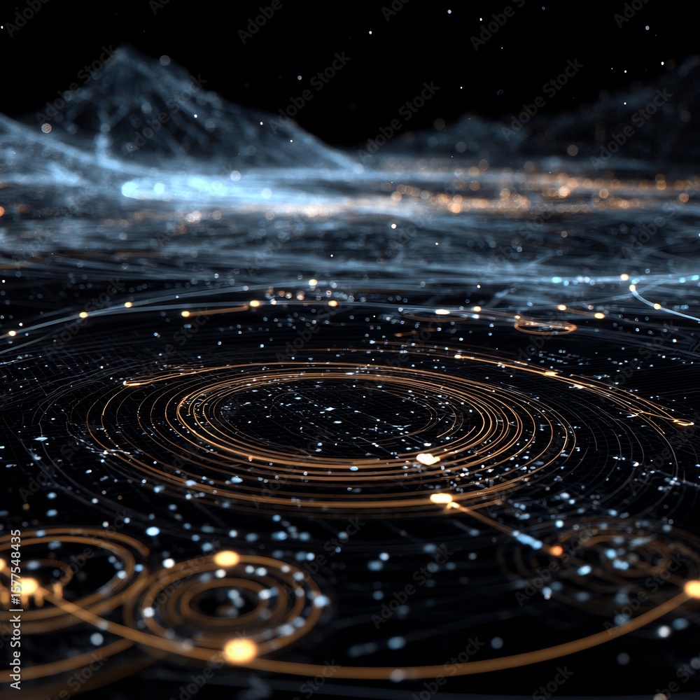 Poster abstract digital landscape with interconnected networks and glowing nodes representing
