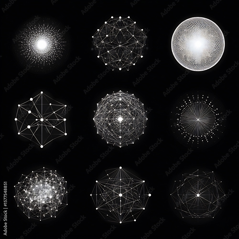 Poster collection of intricate geometric patterns and designs on a dark background surface