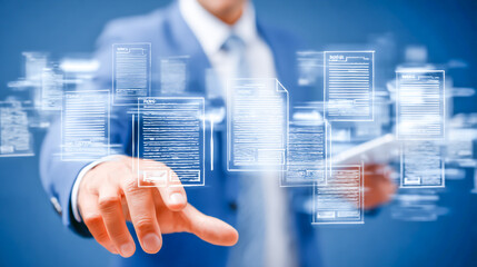 Businessman managing digital procurement process with contract, invoice, approval documents, representing B2B sourcing, vendor management, supply chain, e-procurement, paperless contract workflow.