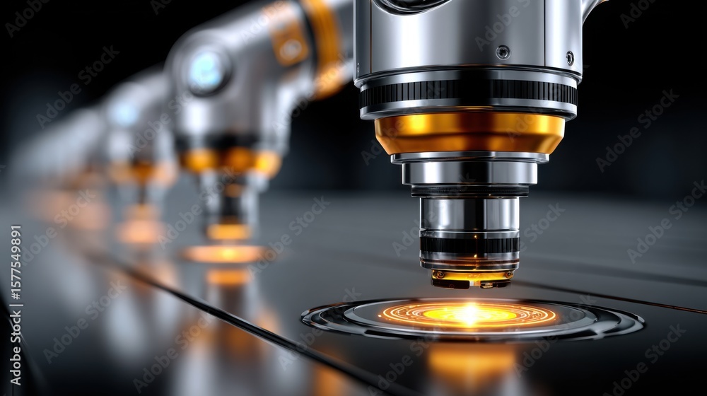 Poster Precision engineering machines in operation, showcasing advanced technological processes. Highlighting robotic arms and their intricate functions