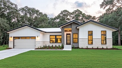 Obraz premium A modern architectural design of a beautiful home with green lawn and trees