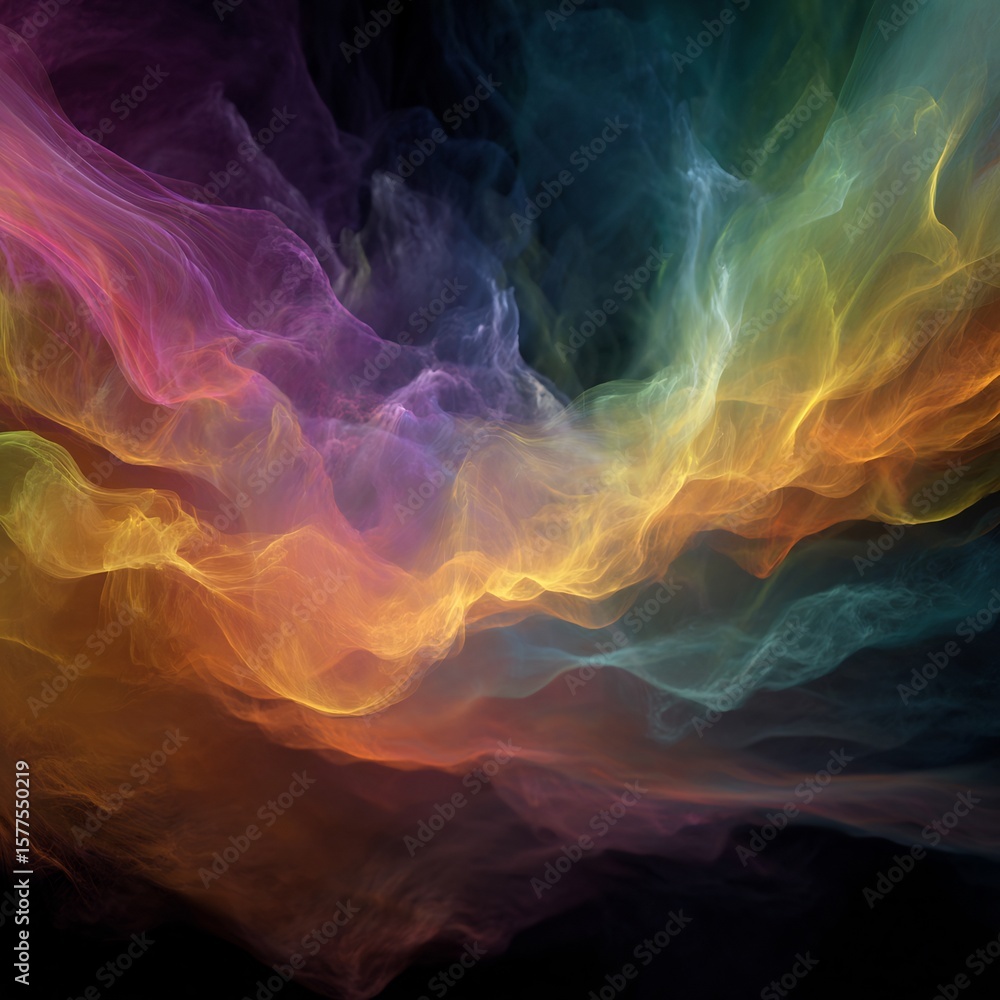 Poster abstract ethereal formation of colorful translucent clouds against a dark background