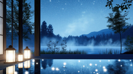 A guest room at a luxury Japanese inn, an open-air family bath and the night view from there.Generative AI