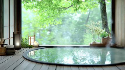 A guest room at a luxury Japanese inn, an open-air family bath and the view from there.Generative AI