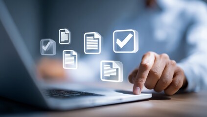 A business hand touches a digital screen, displaying a future concept of technology and network choices with virtual icons