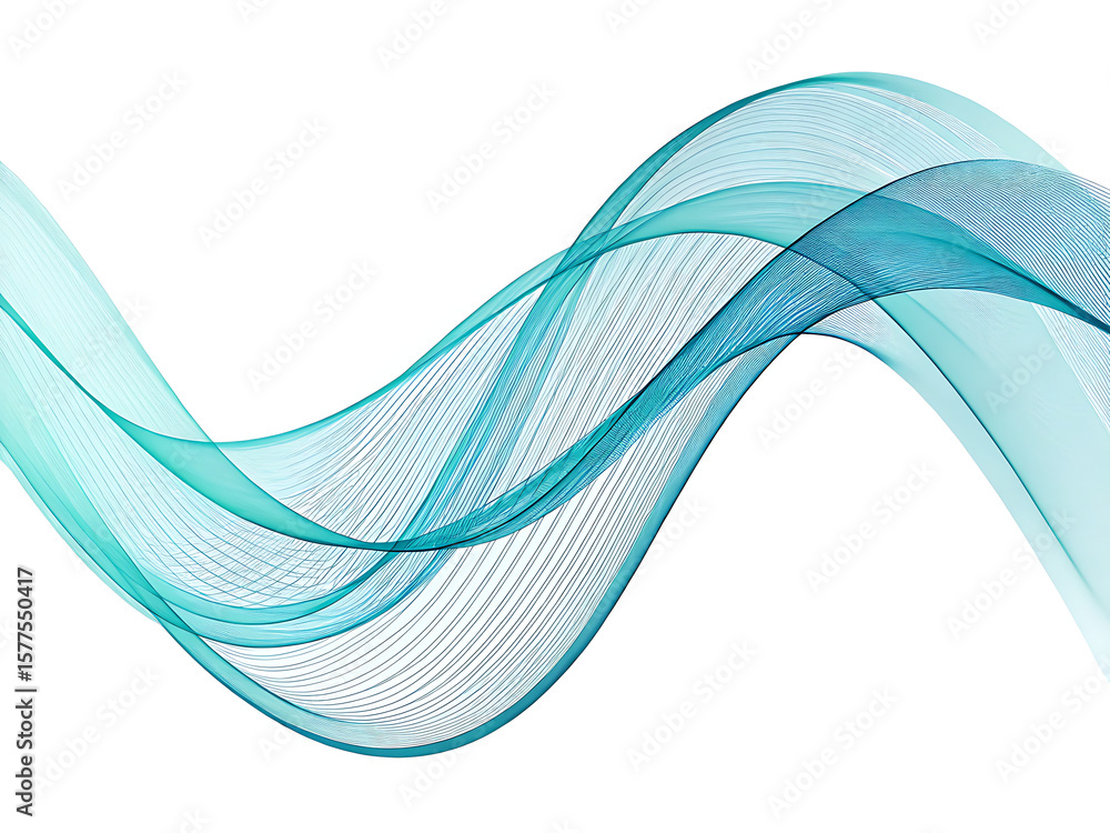 Poster abstract turquoise and teal wavy lines flowing across a white background creating a smooth and dynam