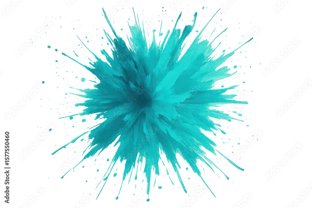 Poster turquoise paint is exploding and splashing on a transparent background, creating a vibrant and dynam