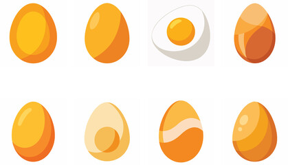 Collection of stylized yellow and orange eggs and a boiled egg food