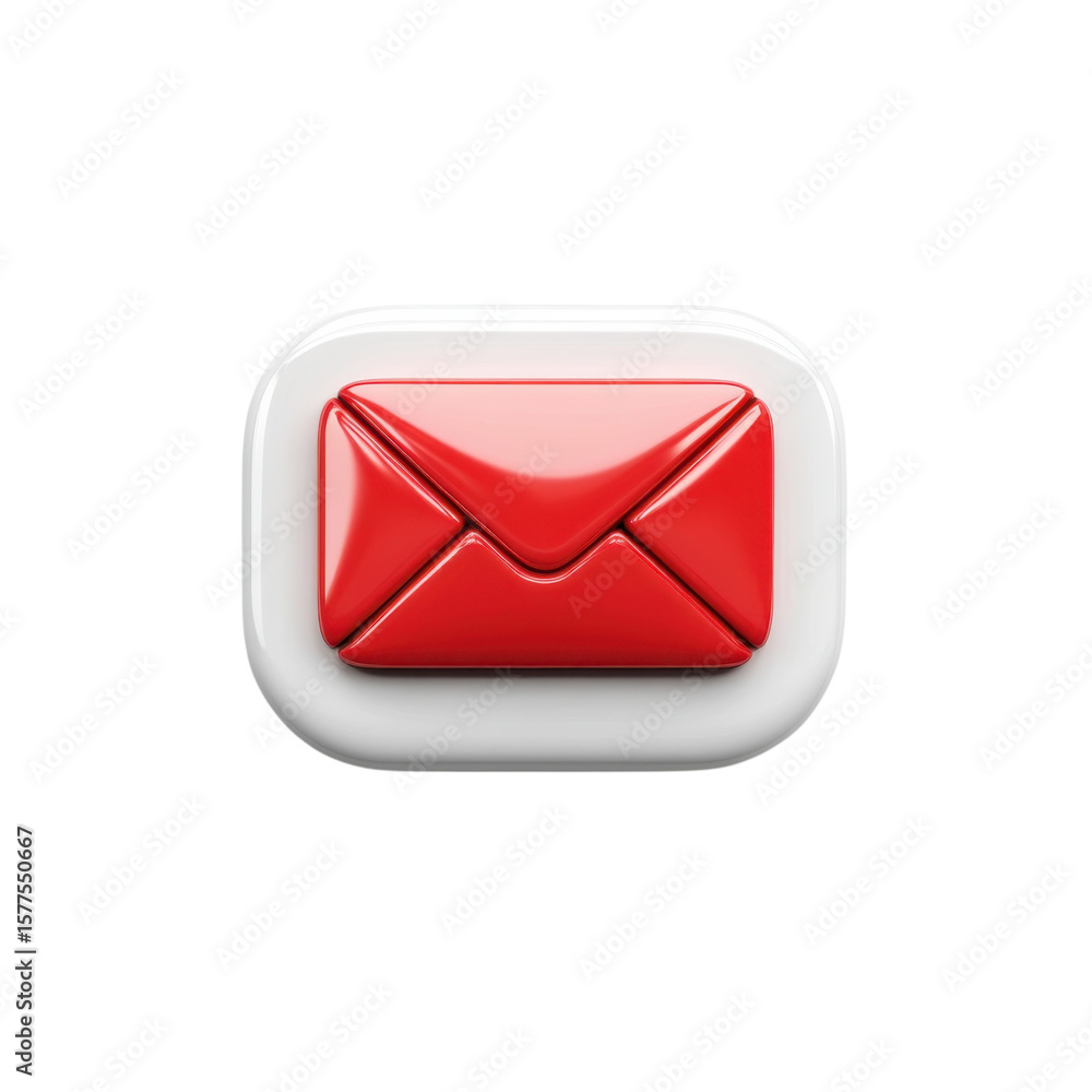 Poster email icon red glossy 3d render on rounded white square notification on transparent background