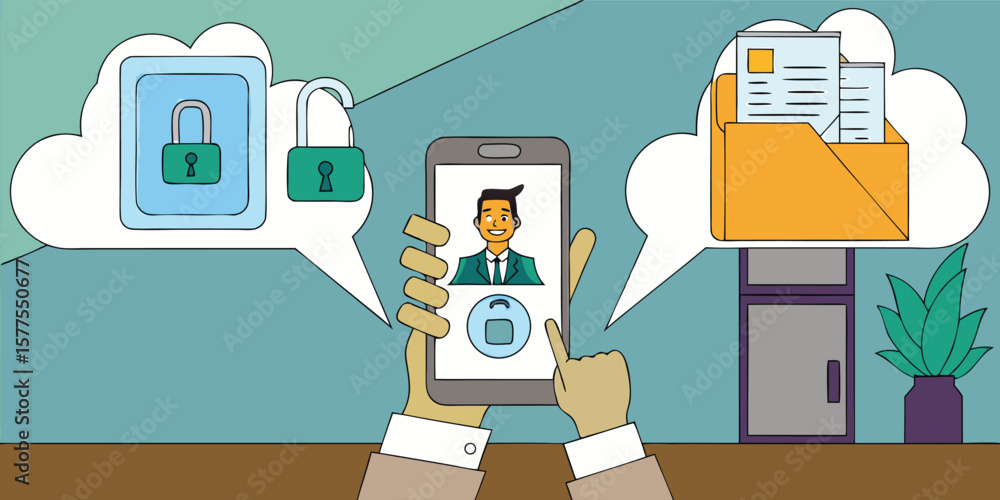 Poster person using smartphone for data security and cloud storage