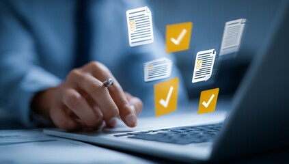 A business professional's hands are actively typing on a laptop keyboard in an office setting, engaging with online technology for work and data communication