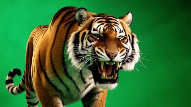 Angry tiger roaring with mouth open on green screen showing sharp teeth and orange and black stripes green screen animal video