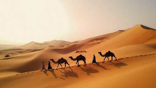 Camels and their handlers traverse golden sand dunes at sunset in a serene desert landscape