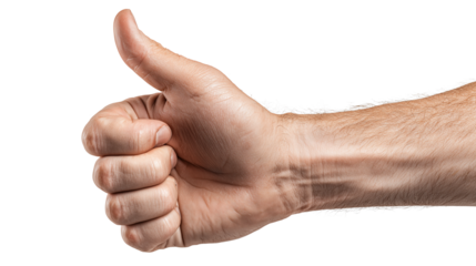A thumbs up gesture made by a man's hand, a widely used symbol for decision-making, success, and personal development, on a transparent background