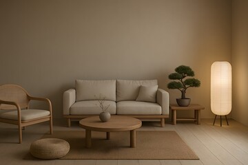 Stylish living room in Japandi style featuring neutral tones, low wooden furniture, bonsai plant, floor lamp, and minimalist decor.

