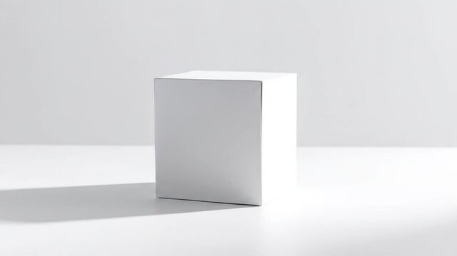 A white rectangular prism stands in a bright white space, casting a soft shadow