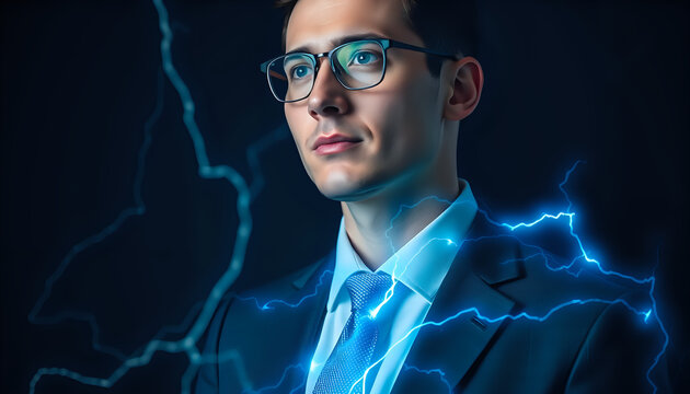A business professional with an electric blue aura effect, exuding energy and confidence.