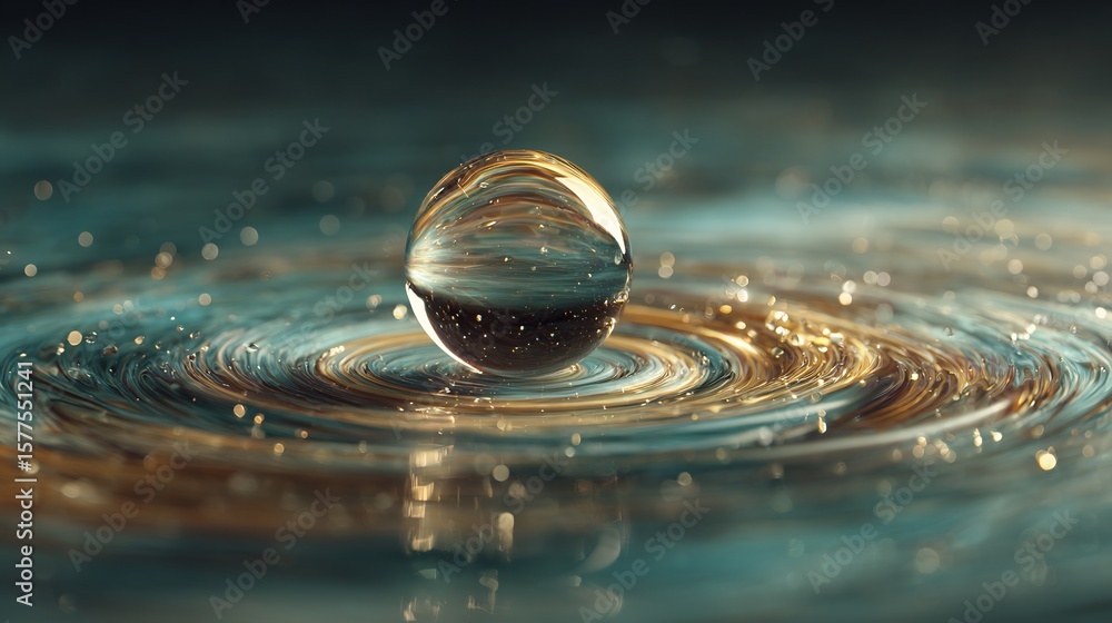 Poster captivating sphere hovering over shimmering concentric circles of light and color