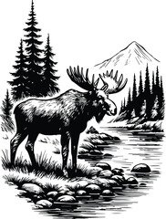 Moose by River Laser engrave Vector – Wildlife Scene for Rustic Decor, Laser Engraving, CNC Projects, and Cricut Crafts