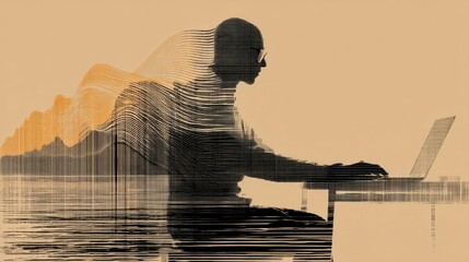 Silhouette of a man working on a laptop at a table, rendered in halftone style with black dots and lines, surrounded by abstract wavy patterns blending into a warm-toned background.