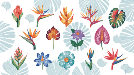 Watercolor Tropical Floral Pattern Bird of Paradise, Monstera, Ginger, Anthurium and Other Flowers