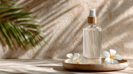 An elegant essential oil bottle is displayed in a calming and luxurious setting, with soft shadows and tropical touches adding to the serene aesthetic
