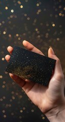 A hand gently holds a black rectangular business card subtly adorned with gold glitter particles against a dark background speckled with blurry golden lights creating a luxurious and elegant feel