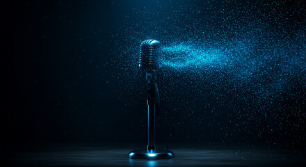 Vintage microphone with ethereal blue light trails. A studio shot of a vintage microphone with a dramatic, ethereal blue light effect surrounding it.