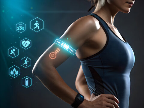 Woman with fitness tracker and health monitoring interface
