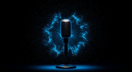 Vintage microphone with ethereal blue light trails. A studio shot of a vintage microphone with a dramatic, ethereal blue light effect surrounding it.