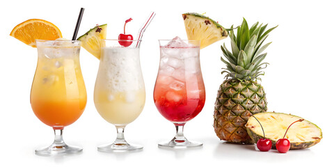 A vibrant collection of tropical cocktails are presented, adorned with fresh fruit and served over ice, isolated on white background