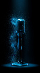 Vintage microphone with ethereal blue light trails. A studio shot of a vintage microphone with a dramatic, ethereal blue light effect surrounding it.