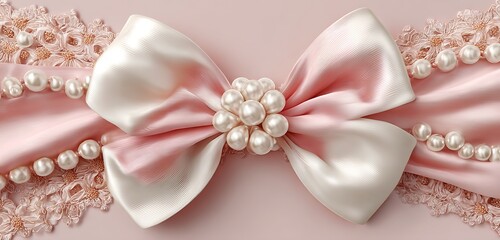 A close up of a pink and white satin bow with pearl embellishments on a light pink background