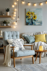 modern style living room with sunflower wall art