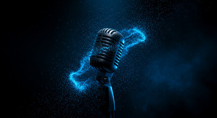 Vintage microphone with ethereal blue light trails. A studio shot of a vintage microphone with a dramatic, ethereal blue light effect surrounding it.