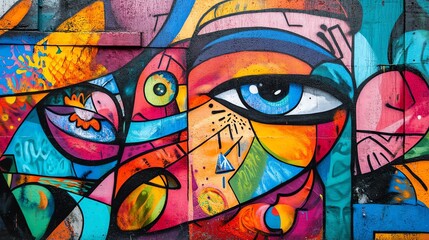 Obraz premium Explore vibrant murals that blend seamlessly with urban decay, showcasing a dynamic interplay of colors against a cityscape backdrop.