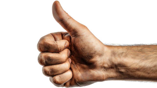 A professional real hand thumbs up gesture that is an effective visual element to convey a positive message of brand value and customer service on a transparent background.