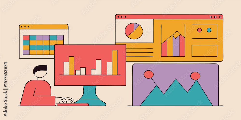 Poster person working with data on screens data analysis charts