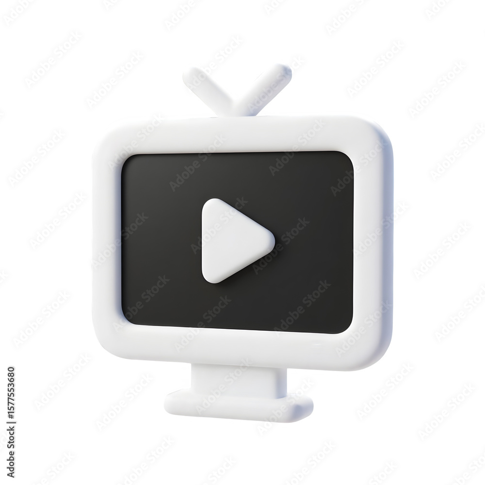 Fototapete stylized 3d white television set with a play button icon on the screen isolated on transparent backg