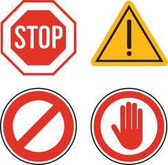 Warning Signs Collection Colorful Visuals Depicting Stop Prohibition Hazard Awareness and Safety Measures for Public Guidance and Traffic Regulation