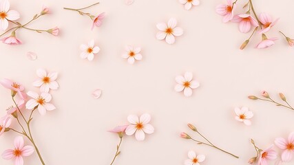 Fototapeta premium Delicate pink cherry blossoms and petals scattered on a pastel beige background