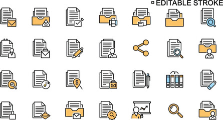 Illustration of various document and file management icon set elements
