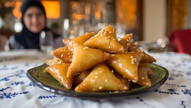Golden Moroccan almond briouates on a traditional plate with blurred Muslim woman in hijab sitting at a festive table, celebrating culture and sweet heritage