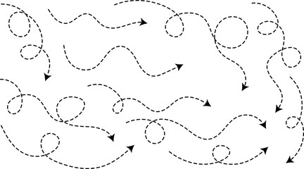 Hand drawn curve dotted line arrow set. curved pointers sign. Sketch curved dashed arrows. signpost showing a confusing complex path. Dashed arrows
