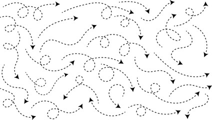 Hand drawn curve dotted line arrow set. curved pointers sign. Sketch curved dashed arrows. signpost showing a confusing complex path. Dashed arrows
